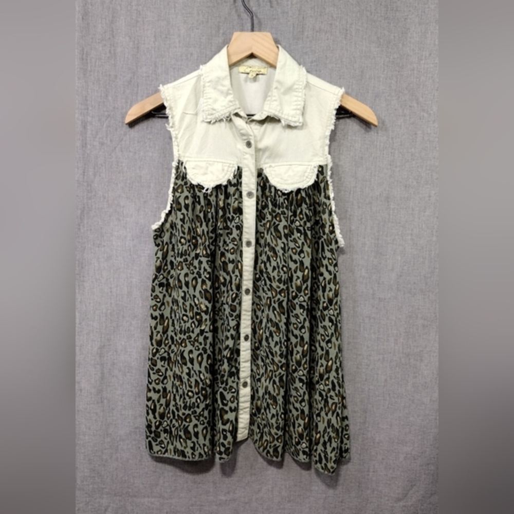 Cecico Animal Print Mixed Media Vest Women's S White Green Boho Retro 90s Y2K